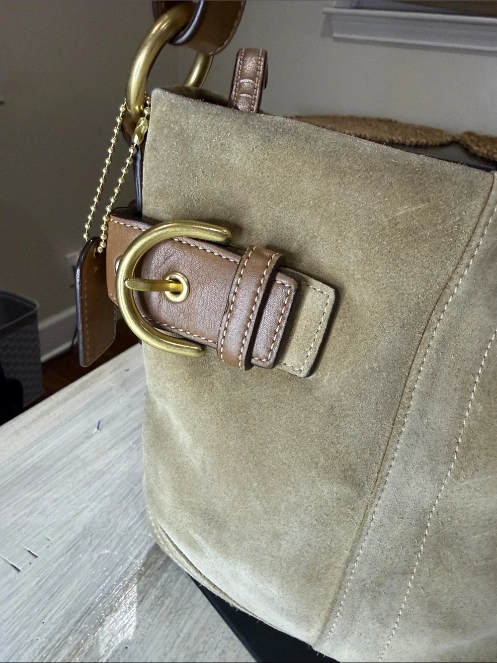 Vintage Y2K CoachTan Suede Bucket Hobo with Brown Leather Trim & Gold Hardware